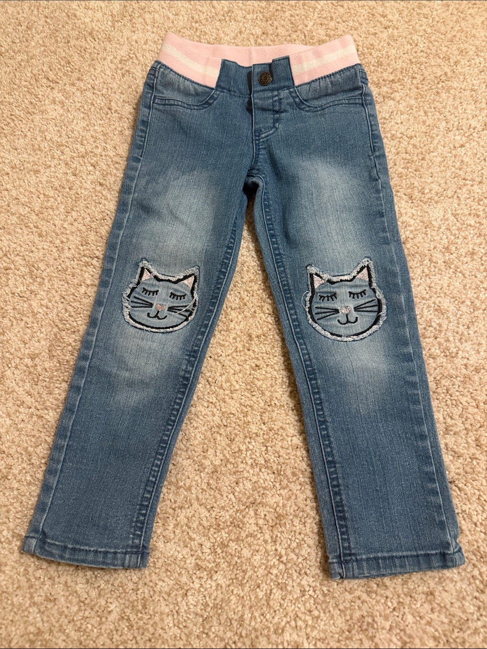 Cat & Jack Blue Denim Jeans with Pink Waistband and Cat Knee Patches